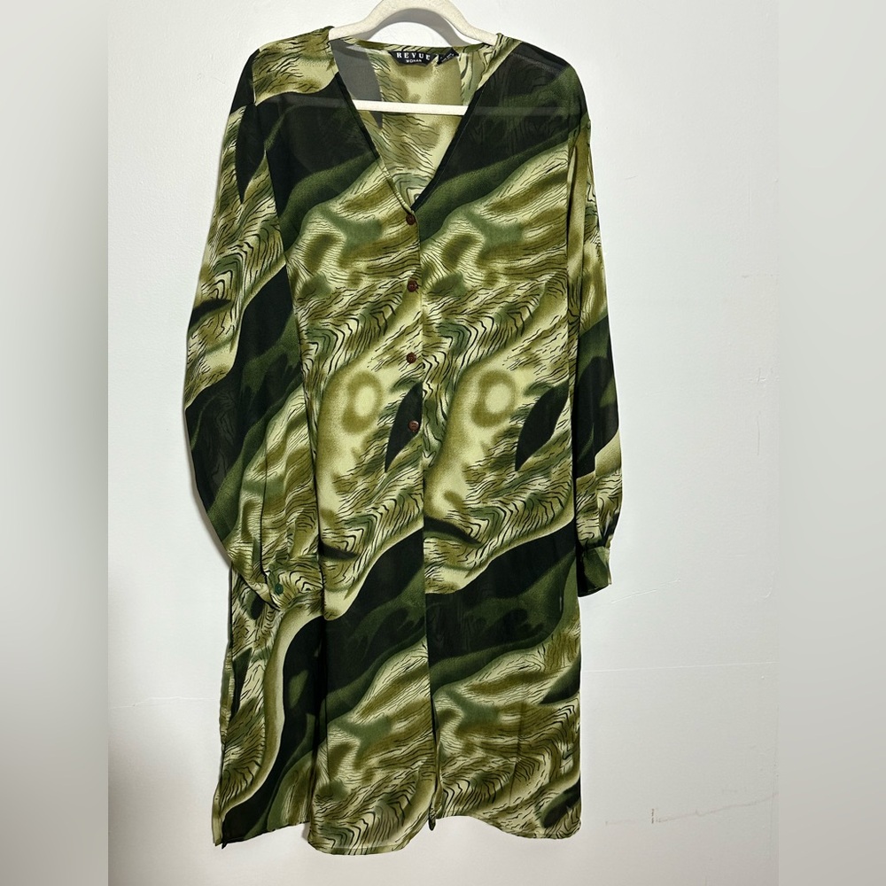 Revue Women’s 2X Green Maxi Semi Sheer Button Front Dress Caftan | SKU 0301